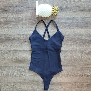 Athleta Front Plunge Bodysuit - Navy (Modesty Bra Pads Not Included)